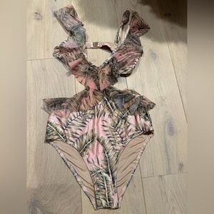 Girls Pink Tropical Leaf One-Piece Swimsuit with Ruffle Accent